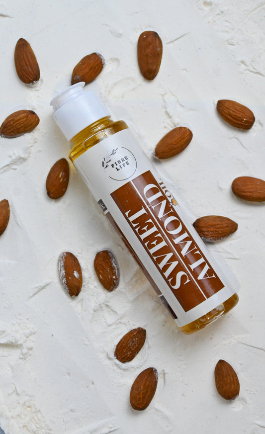 almond oil, organic almond oil bottle, fibre life, skin and hair care pakistan, skin care, hair care, hair oil, skin oil