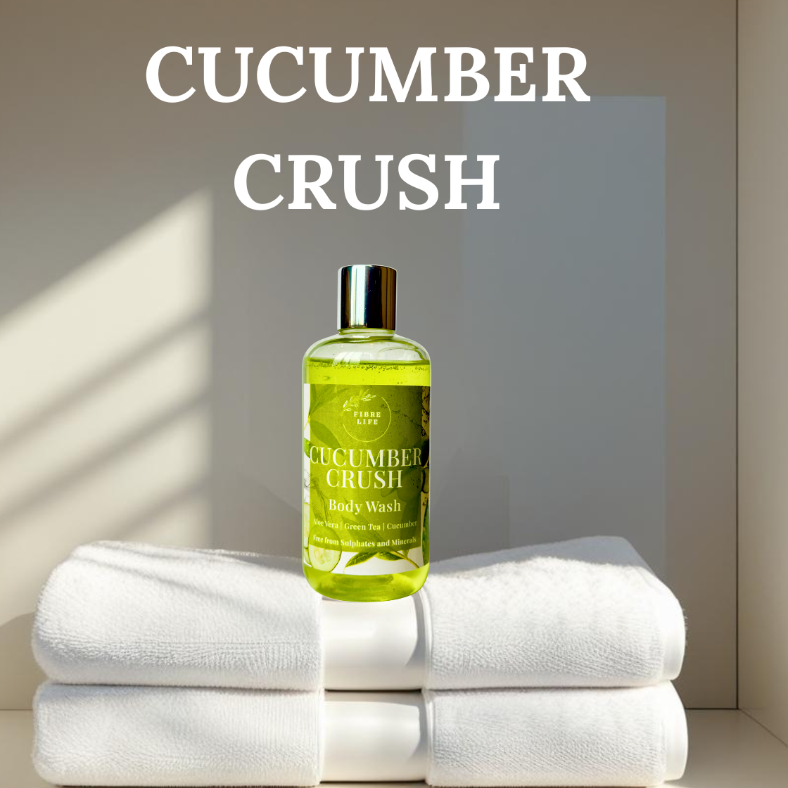 Bottle of 'Cucumber Crush' body wash on white towels with a neutral background