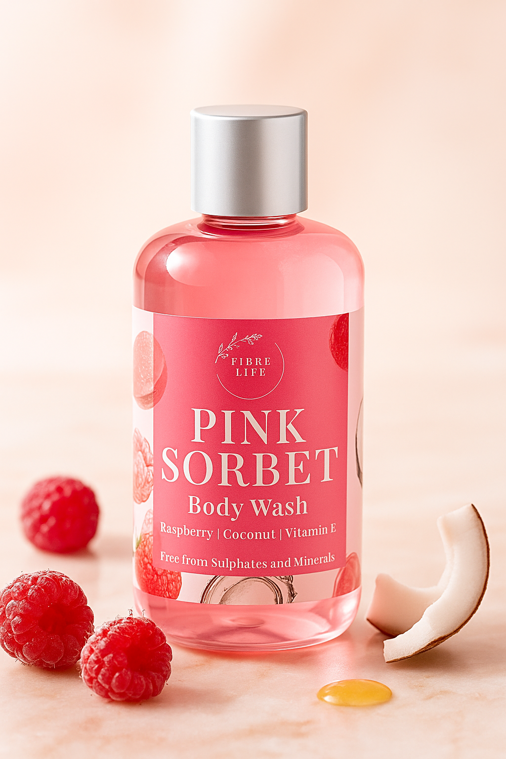 Pink sorbet body wash bottle with raspberries and a coconut on a light pink background