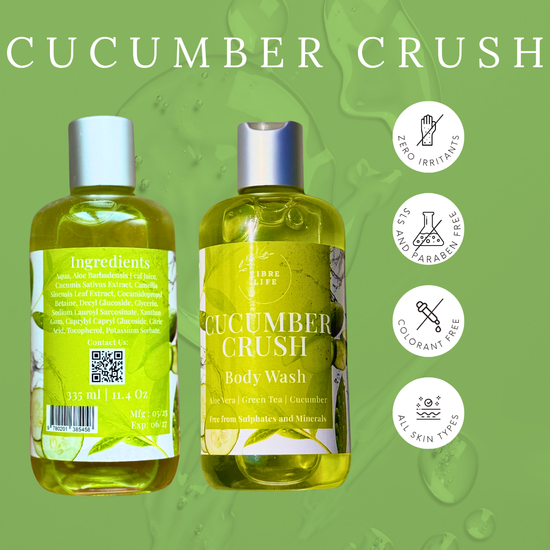 Two bottles of 'Cucumber Crush' body wash on a green background with product details. Aloe vera body wash