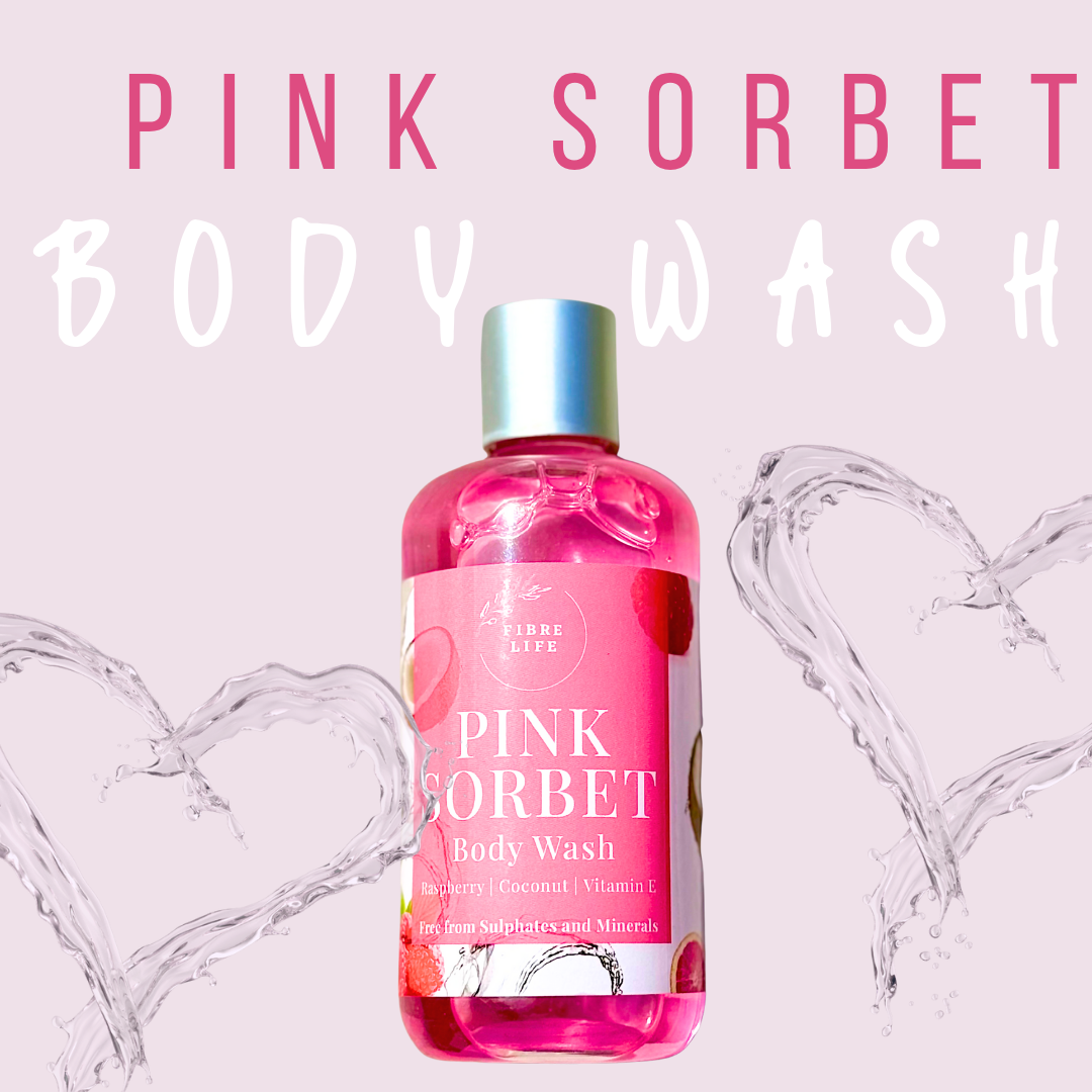 Pink Sorbet body wash bottle with pink background