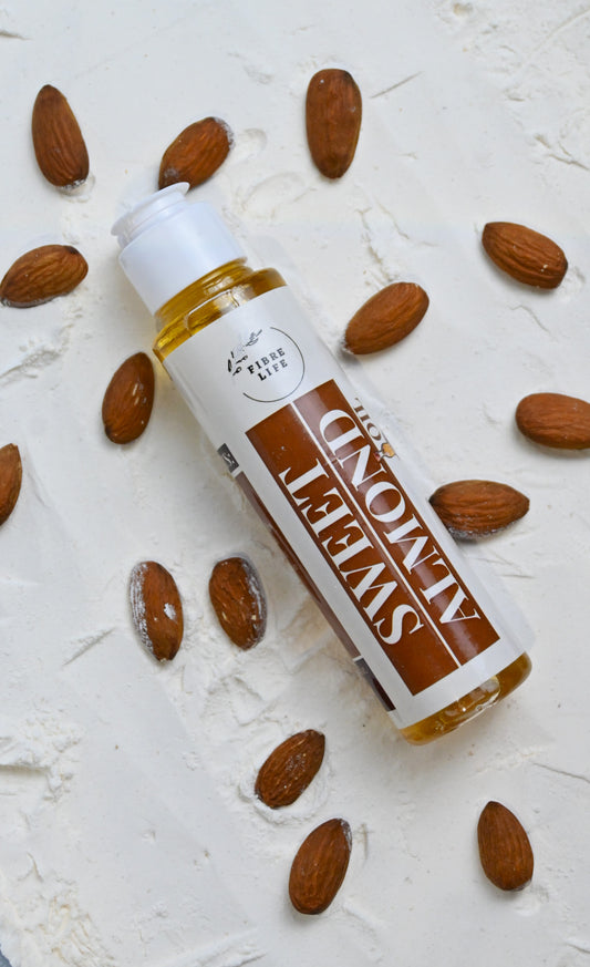 almond oil, organic almond oil bottle, fibre life, skin and hair care pakistan, skin care, hair care, hair oil, skin oil 