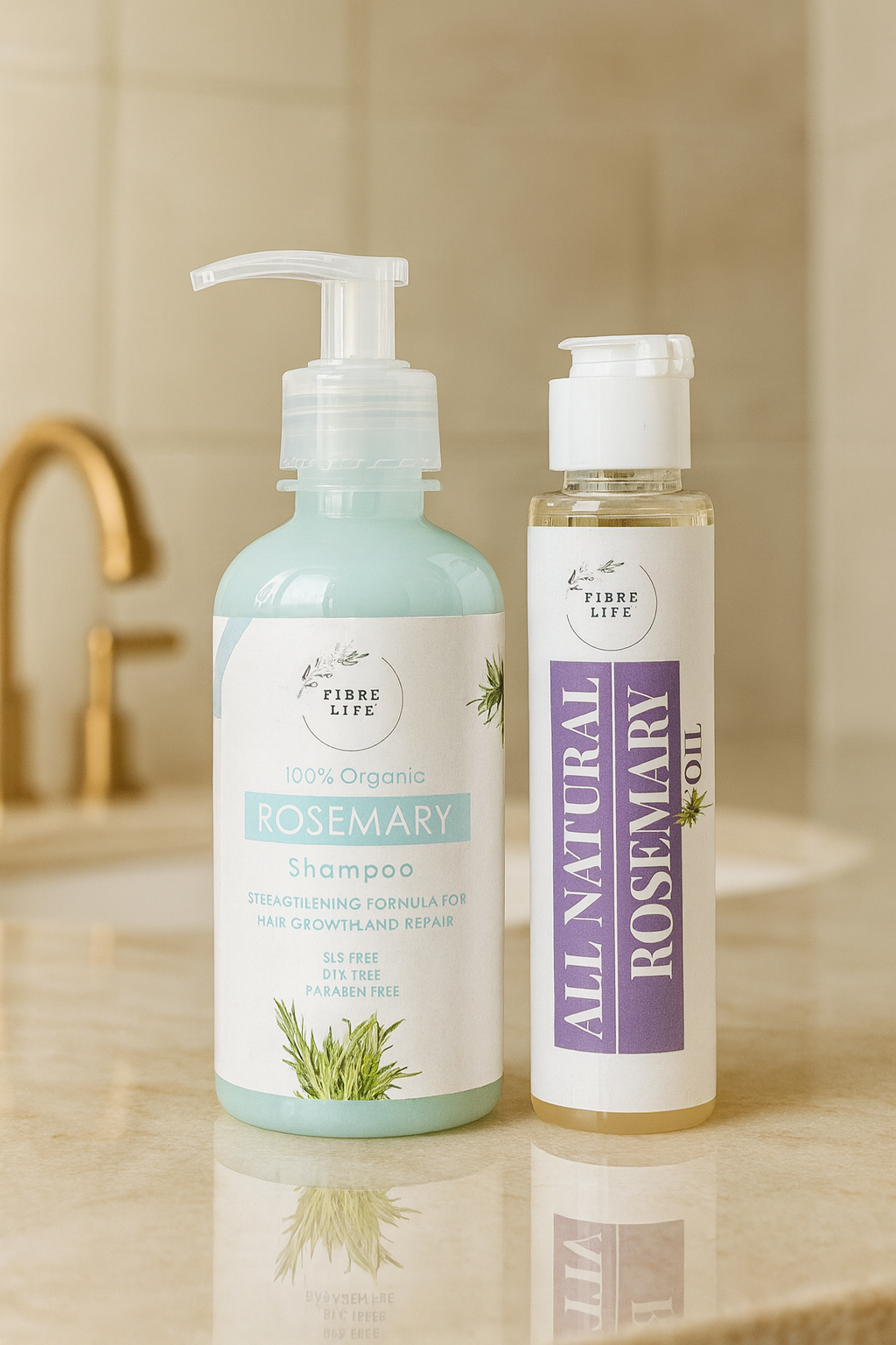 Two bottles of natural rosemary products on a bathroom counter.