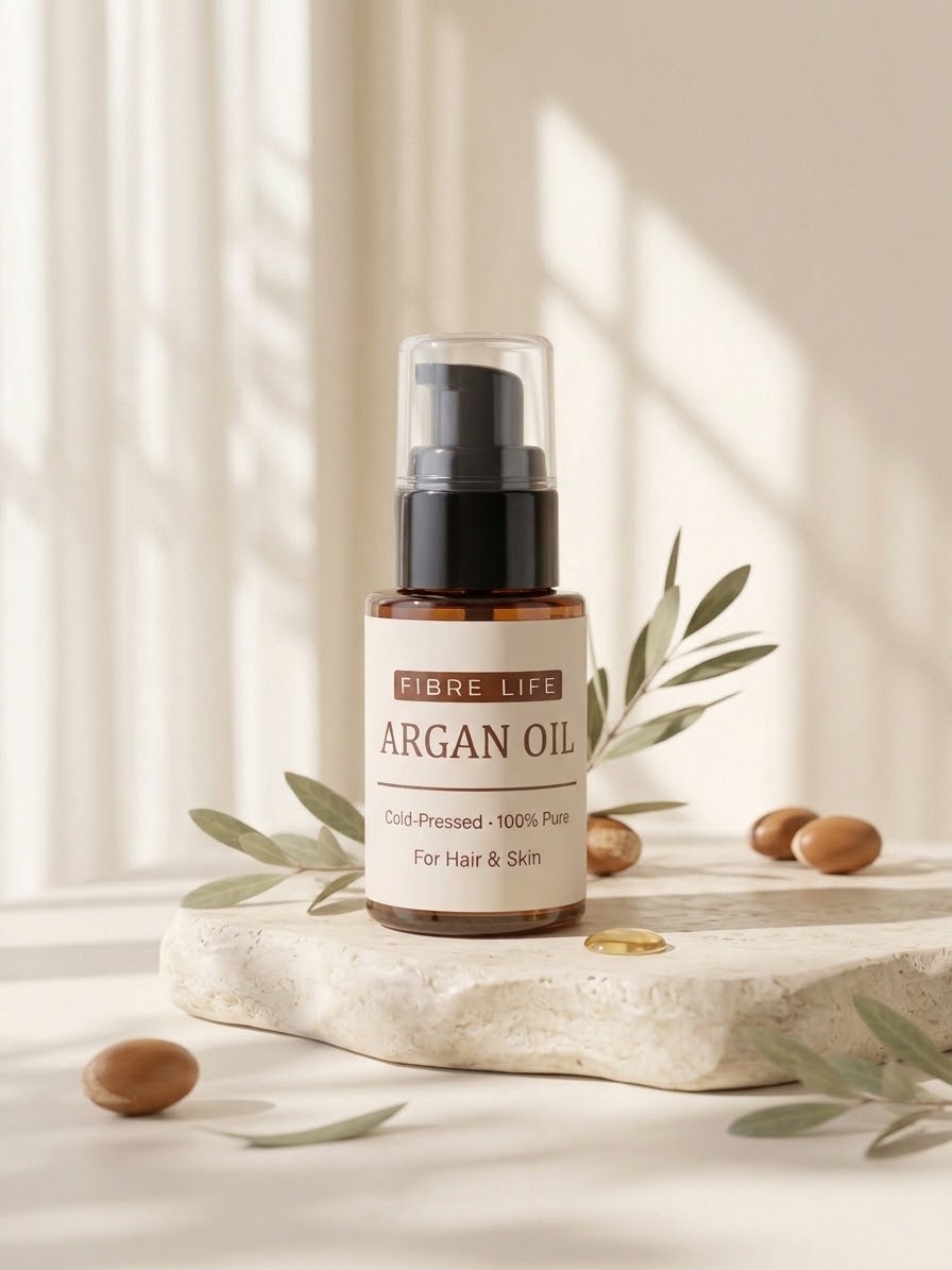 A bottle of Fibre Life Argan Oil for hair and skin