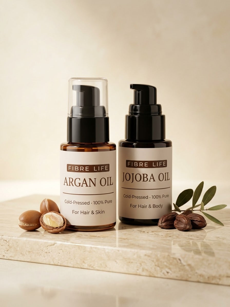 Two amber glass pump bottles labeled FIBRE LIFE ARGAN OIL and FIBRE LIFE JOJOBA OIL, displayed on a light stone slab with argan nuts, coffee beans, and green leaves against a warm beige background.