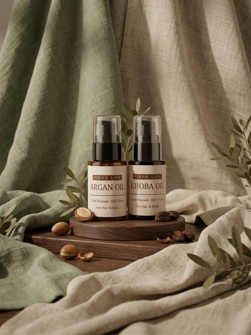 Two small cosmetic bottles labeled Argan Oil and Jojoba Oil by Fibre Life