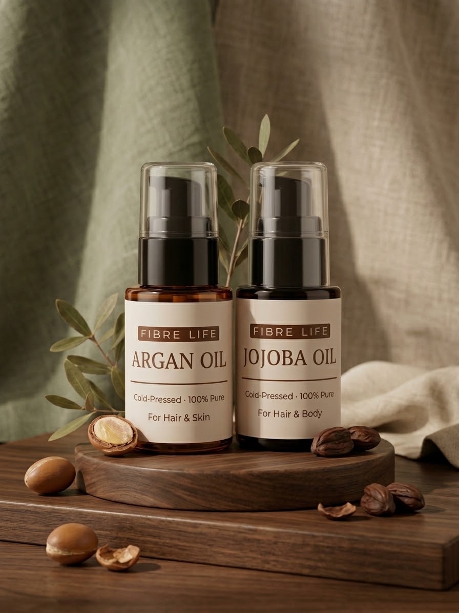 Two pump bottles of Fibre Life hair and skin oils, one Argan Oil and one Jojoba Oil, displayed on a wooden stand with argan nuts and coffee beans against a neutral linen background.