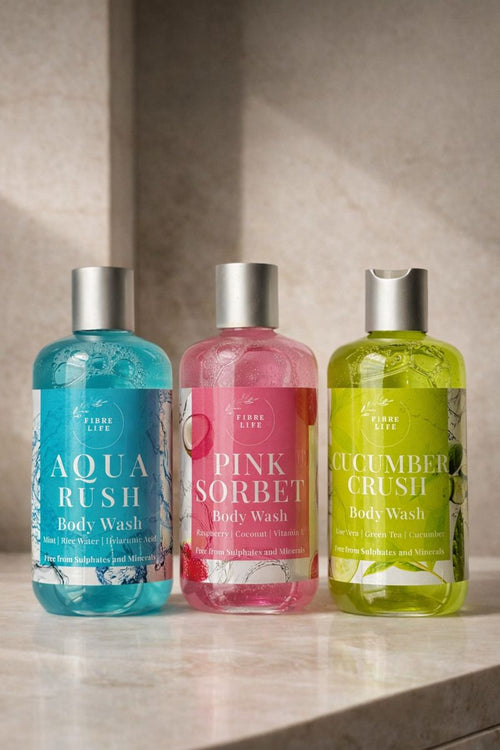Best organic body wash in Pakistan - Fibre Life Aqua Rush, Pink Sorbet and Cucumber Crush shower gels
