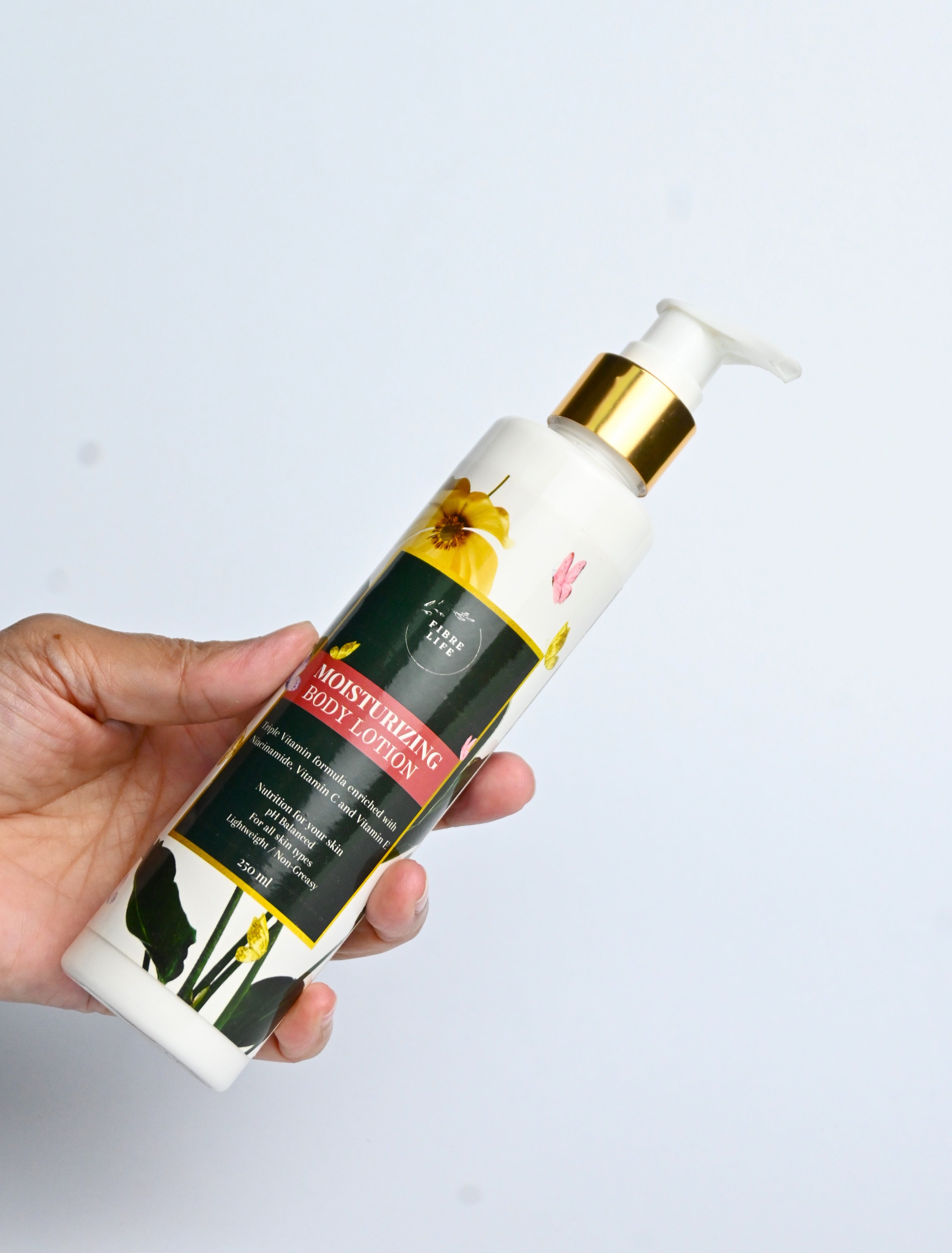 FibreLife Niacinamide Body Lotion hydrates, brightens, and evens skin tone.