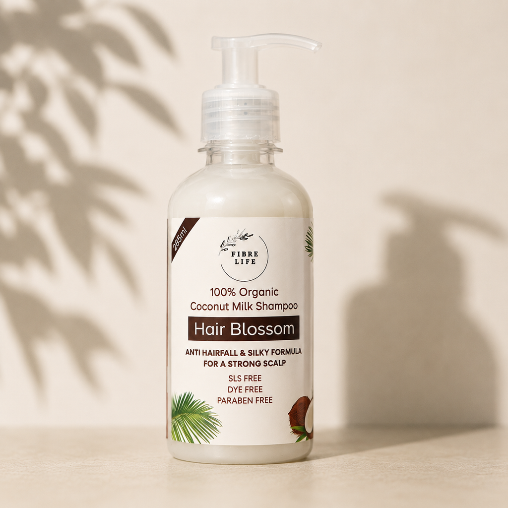 A bottle of Fibre Life Coconut Milk Shampoo with a pump dispenser, set against a warm beige background with soft leaf shadows. The bottle is frosted white, showing the creamy shampoo inside, and features a white label with brown and green accents.