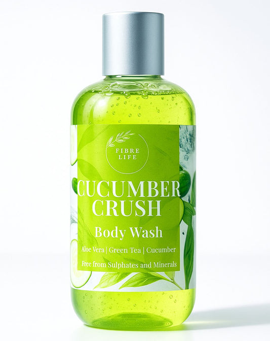 Bottle of Cucumber Crush body wash with green label on white background