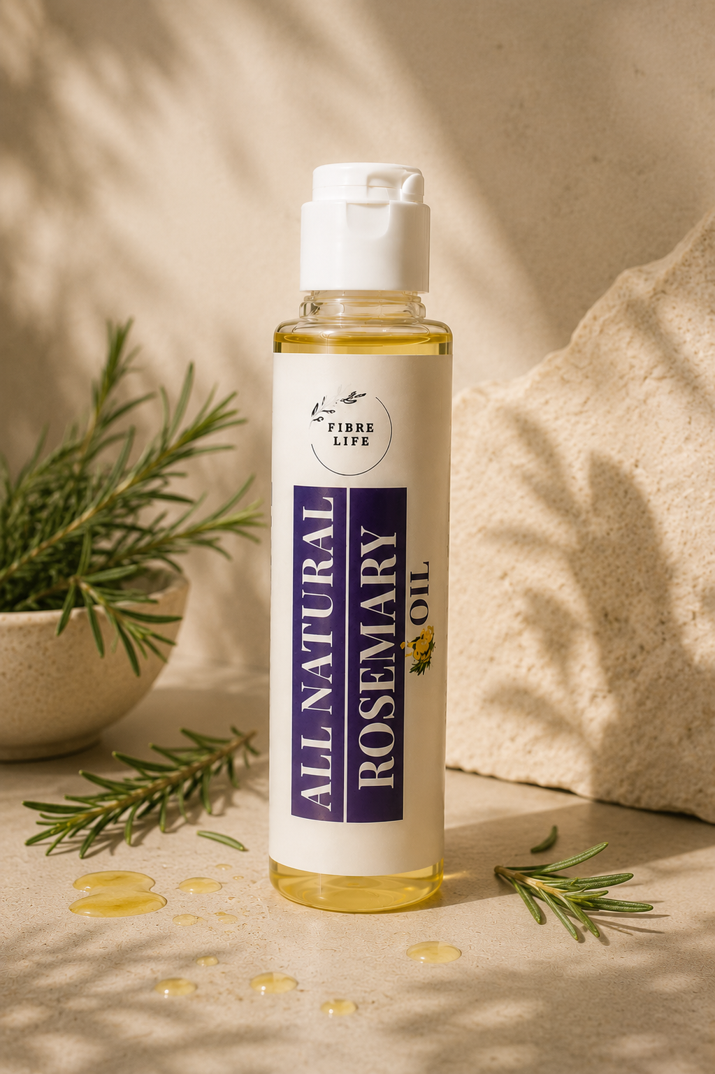 A bottle of Fibre Life All Natural Rosemary Oil stands on a beige stone surface with sprigs of rosemary and small oil droplets around it. The bottle is clear, showing golden-yellow oil inside, with a white cap and a white label featuring a dark purple vertical panel with white text.