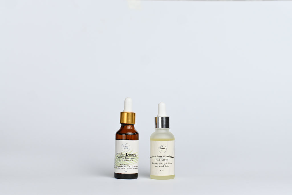 Hydrating face and hair serums infused with natural extracts to combat dryness and promote radiance.