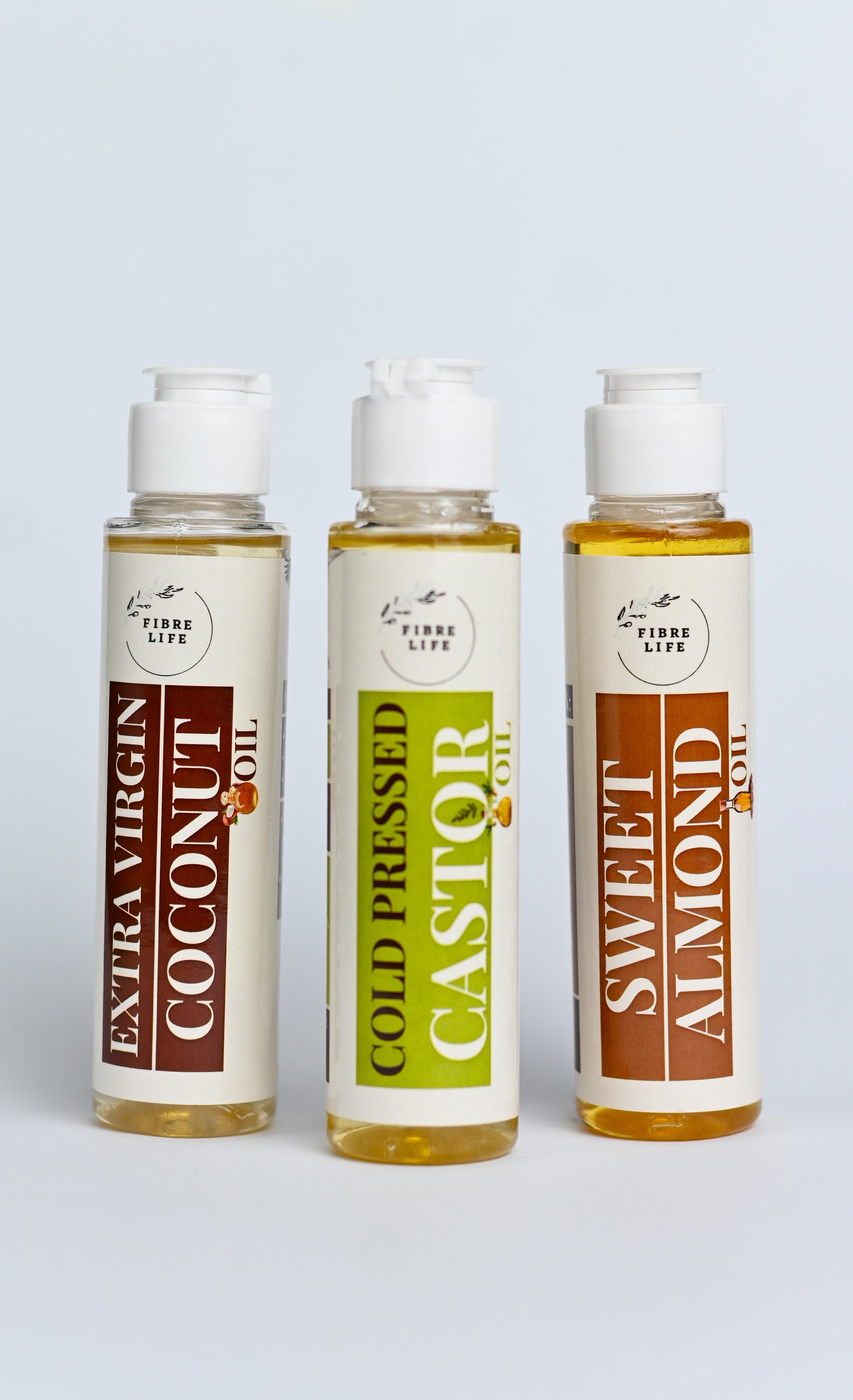 FibreLife Castor, Almond, and Coconut Oil Set for deep nourishment of hair and skin.