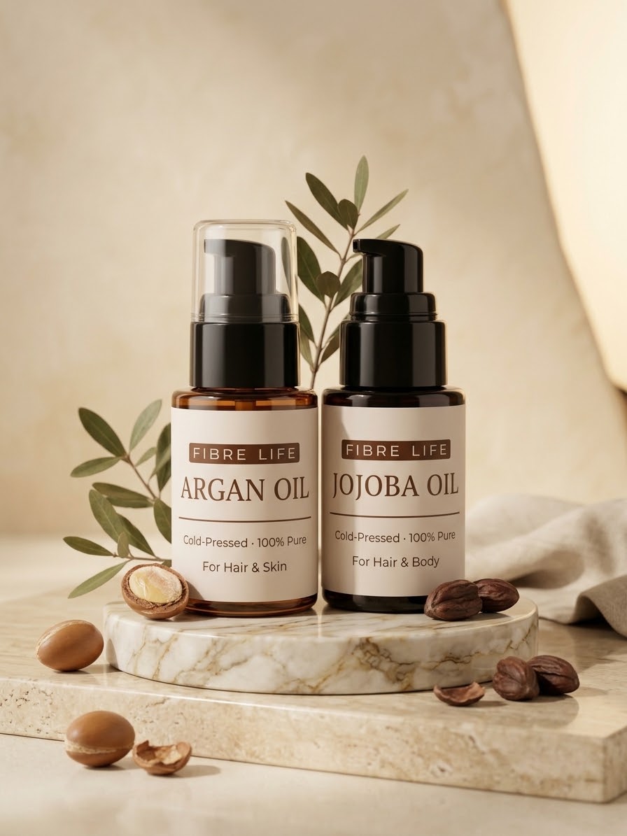 Two amber glass pump bottles labeled FIBRE LIFE ARGAN OIL and JOJOBA OIL, styled on a marble slab with argan nuts, green leaves, and a soft neutral background.