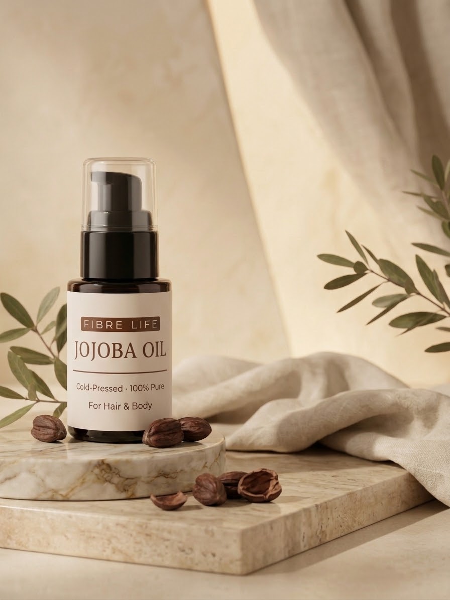 A bottle of FIBRE LIFE Jojoba Oil with a clear cap and black pump, displayed on a marble slab with jojoba seeds and draped beige fabric.