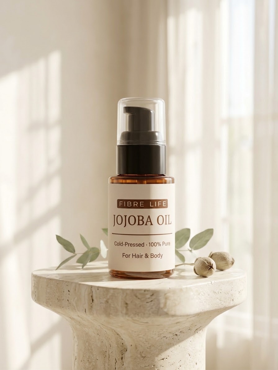 A bottle of FIBRE LIFE Jojoba Oil with a clear cap and black pump, displayed on a light stone pedestal with eucalyptus leaves and jojoba seeds against a softly lit cream background.