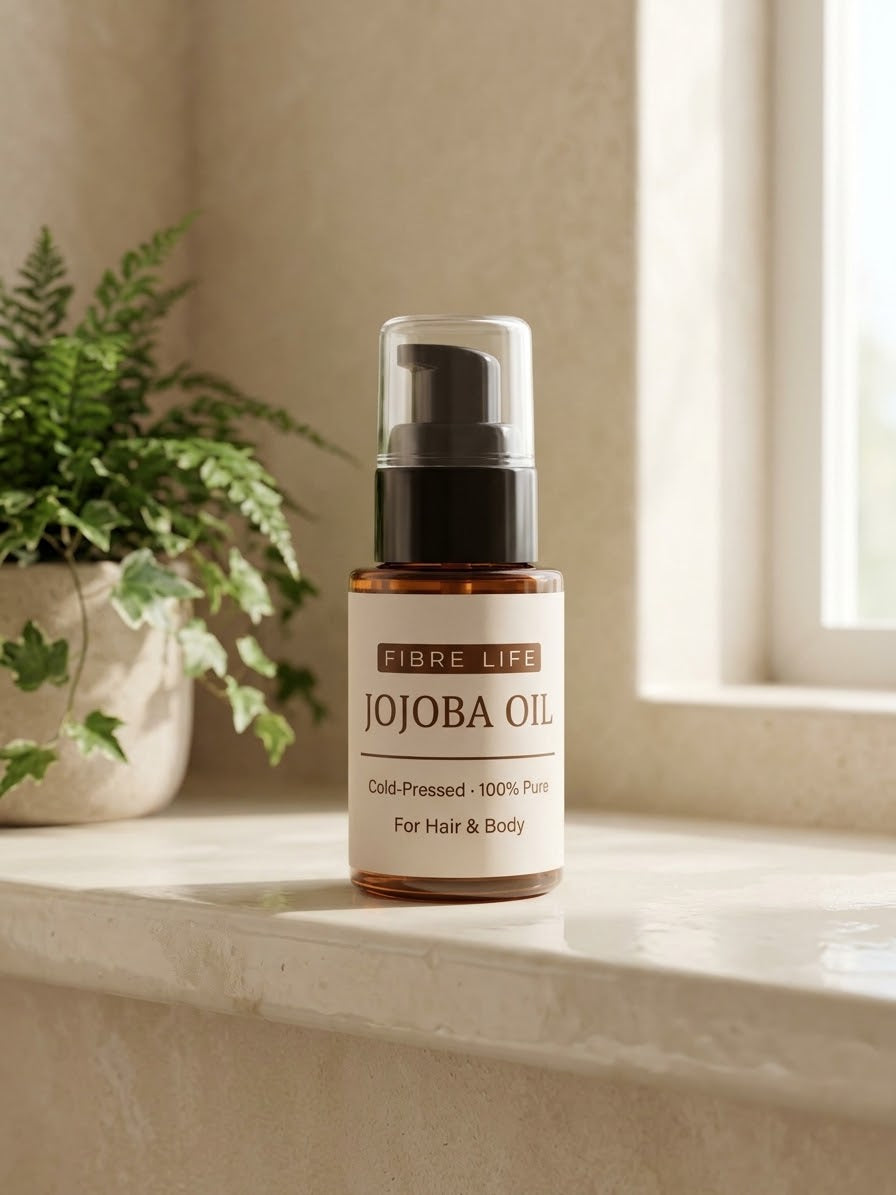 A bottle of FIBRE LIFE Jojoba Oil with a black pump and clear cap, set on a light stone windowsill next to a potted green plant.