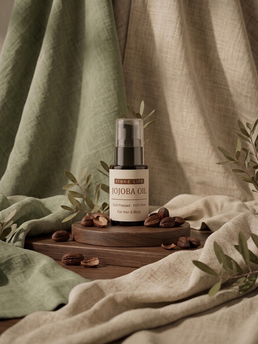 A bottle of Jojoba Oil by Jode Life sits on a wooden platform surrounded by scattered coffee beans and green leaves, set against a backdrop of draped sage green and beige linen fabric.