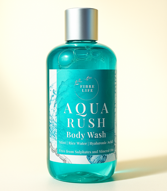 Bottle of Aqua Rush body wash on a light background. Best mint body wash in Pakistan