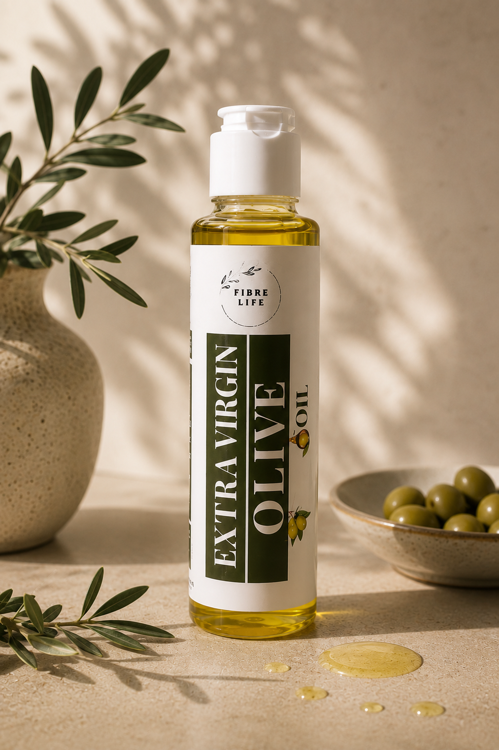 A bottle of Fibre Life Extra Virgin Olive Oil stands on a beige surface with olive branches, a vase, and olives in the background under warm natural-looking shadows.