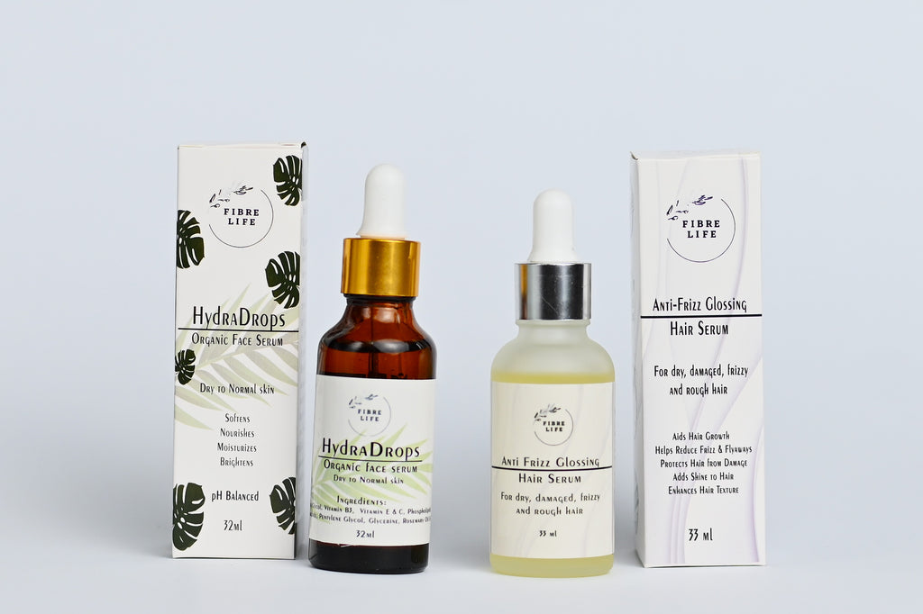 Anti-frizz hair serum and brightening face serum duo for deep hydration and damage repair.