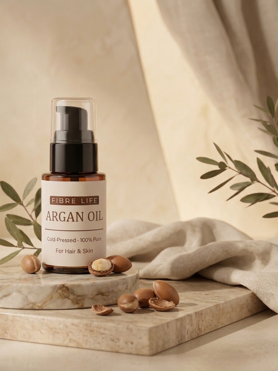 A bottle of Fibre Life Argan Oil for hair and skin, styled on a marble slab with argan nuts, draped beige fabric, and olive branches in a warm, neutral setting.