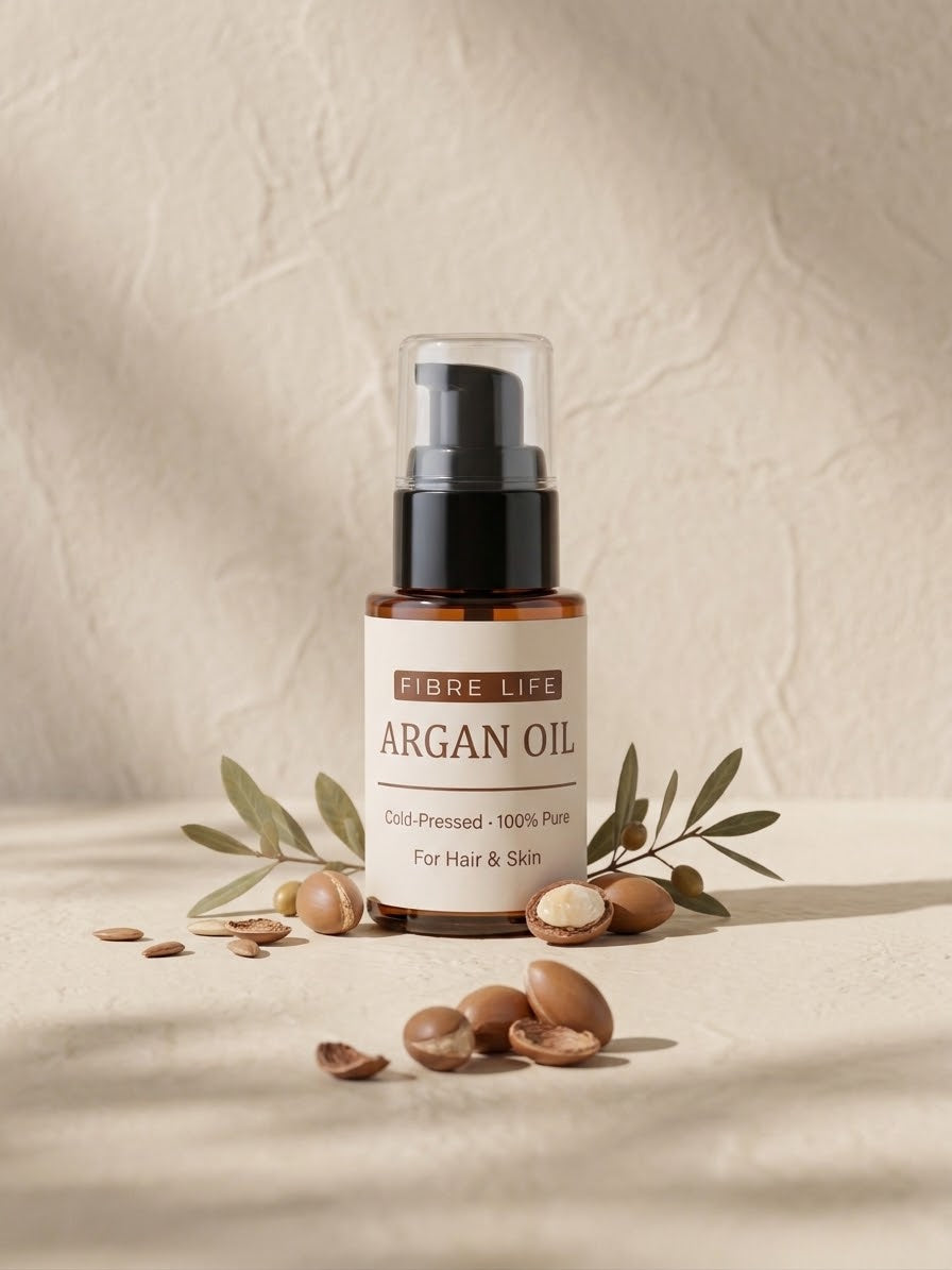 Fibre Life Argan Oil in an amber glass pump bottle with a cream label, styled with argan nuts and green leaves on a textured beige background.