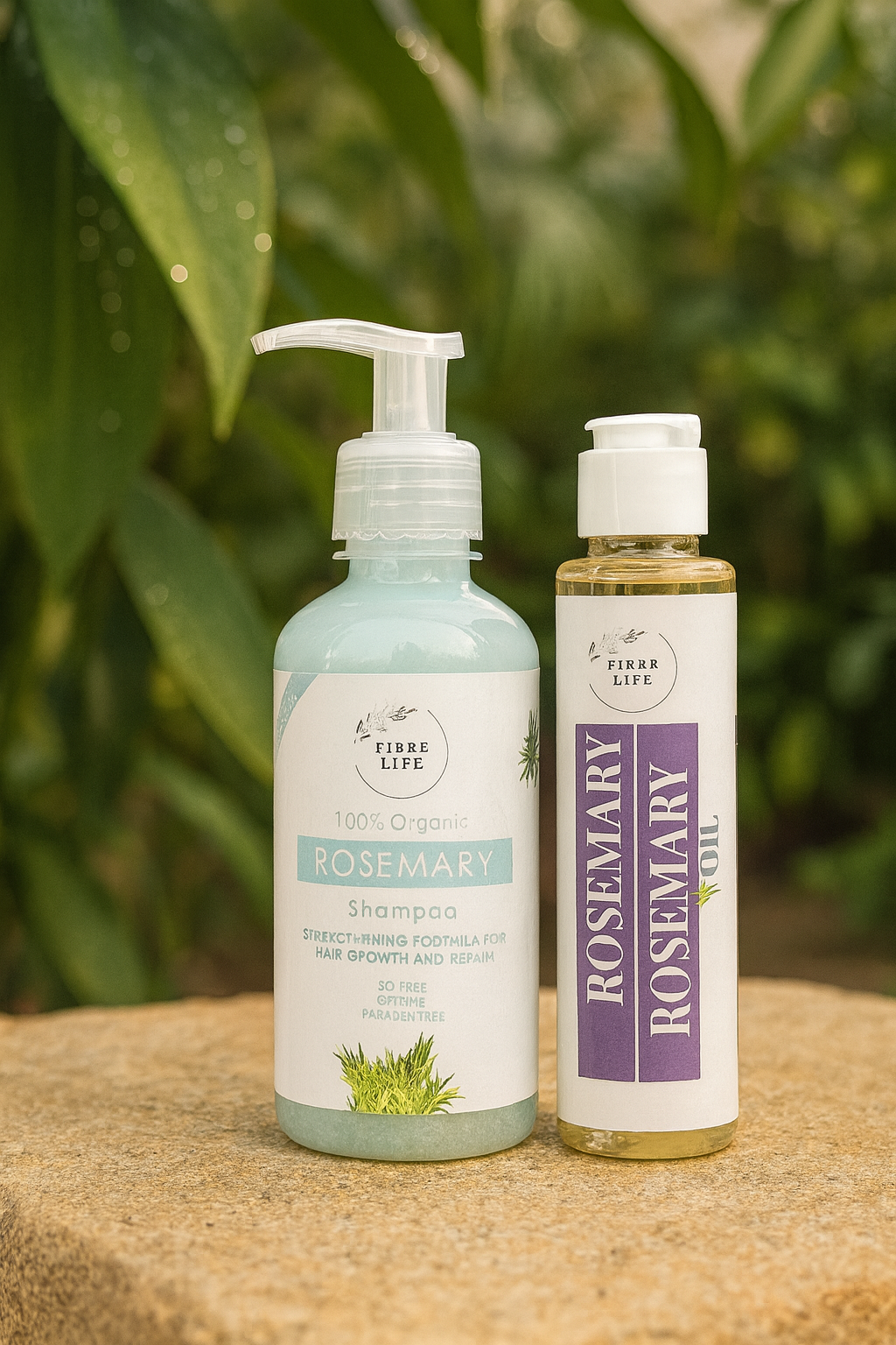 Two bottles of fibrelife rosemary shampoo and oil on a natural surface with greenery in the background.