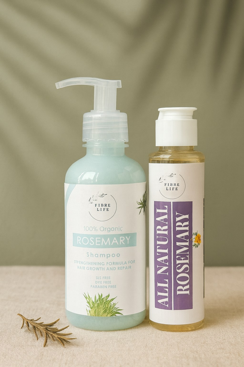 Two bottles of 'All Natural Rosemary' products Pakistan on a beige surface with a green background.