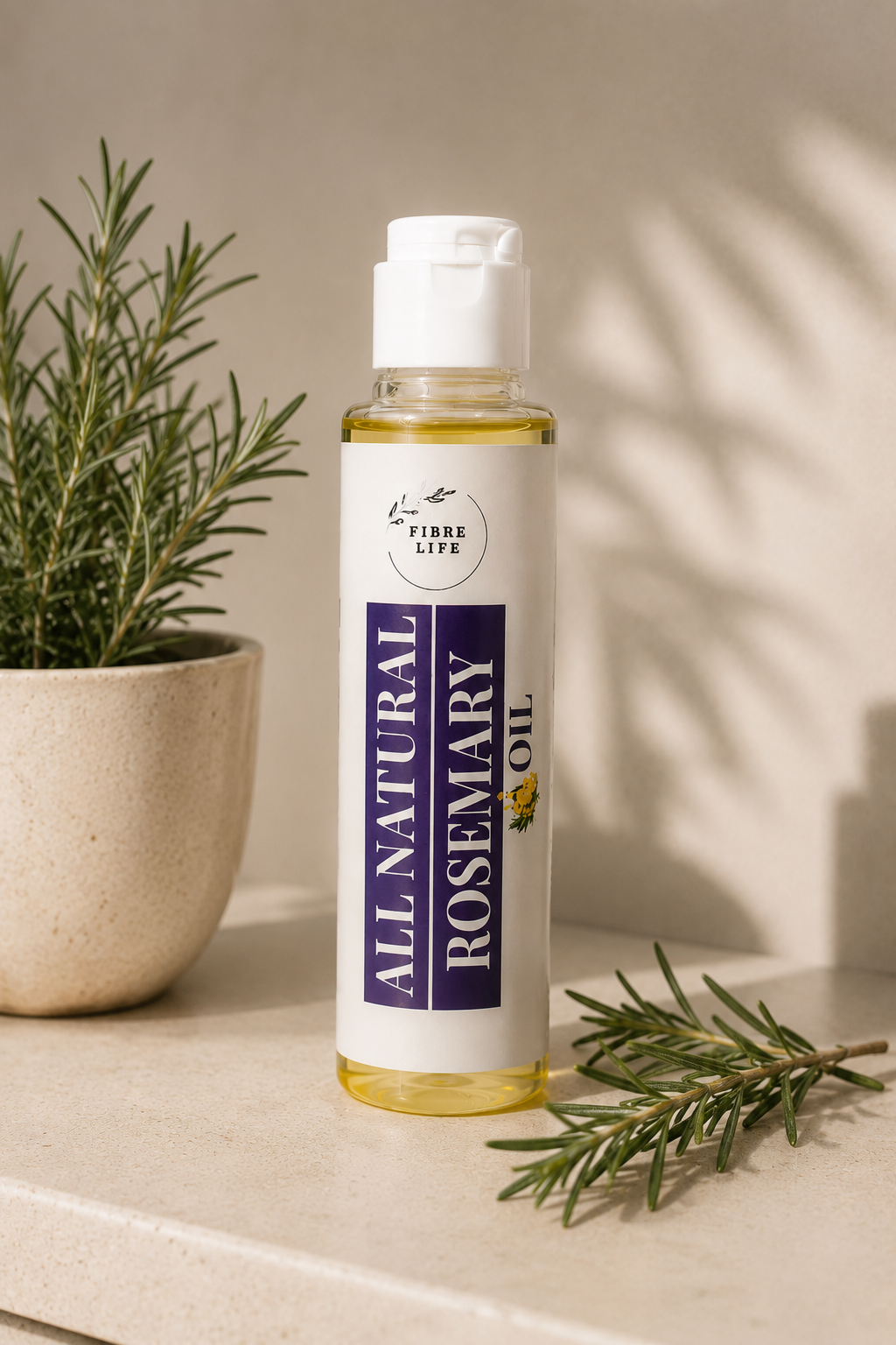A bottle of Fibre Life All Natural Rosemary Oil stands on a light stone surface next to a potted rosemary plant and a fresh rosemary sprig, with warm natural light casting soft shadows.